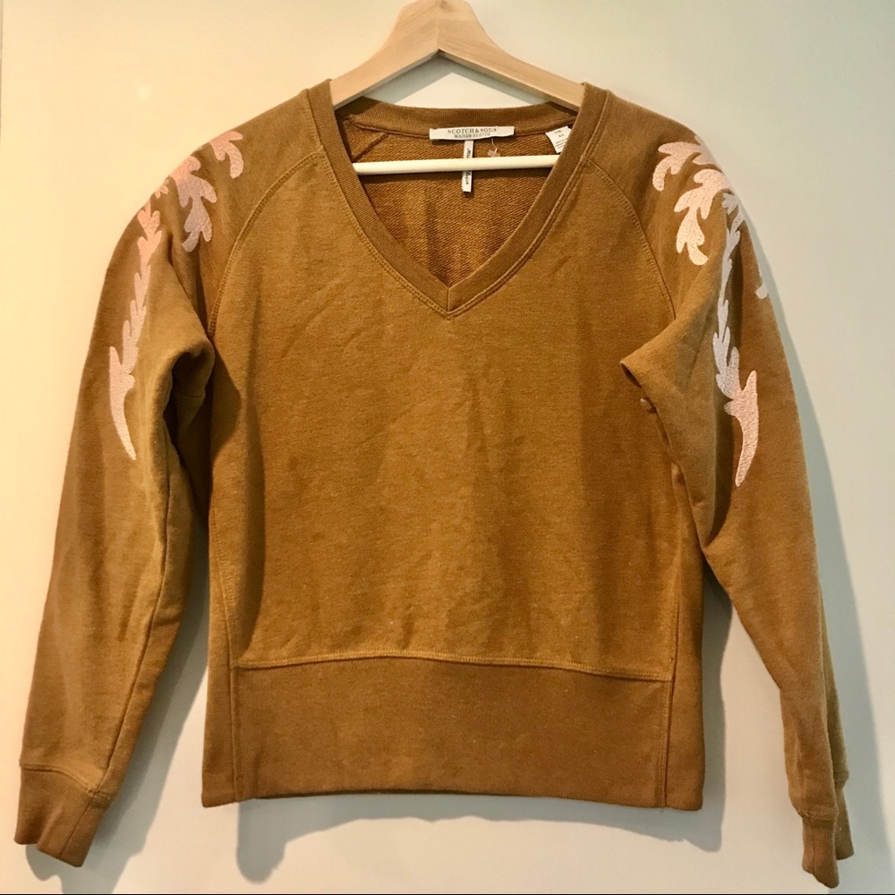 Scotch & Soda Camel Brown V-Neck Sweater with Light Pink Sleeve Embroidery